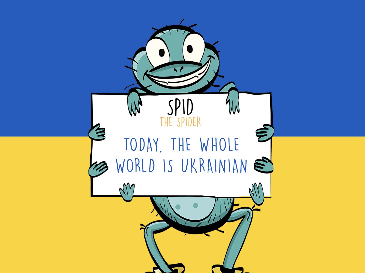 Spid the Spider stands in front of a Ukrainian flag