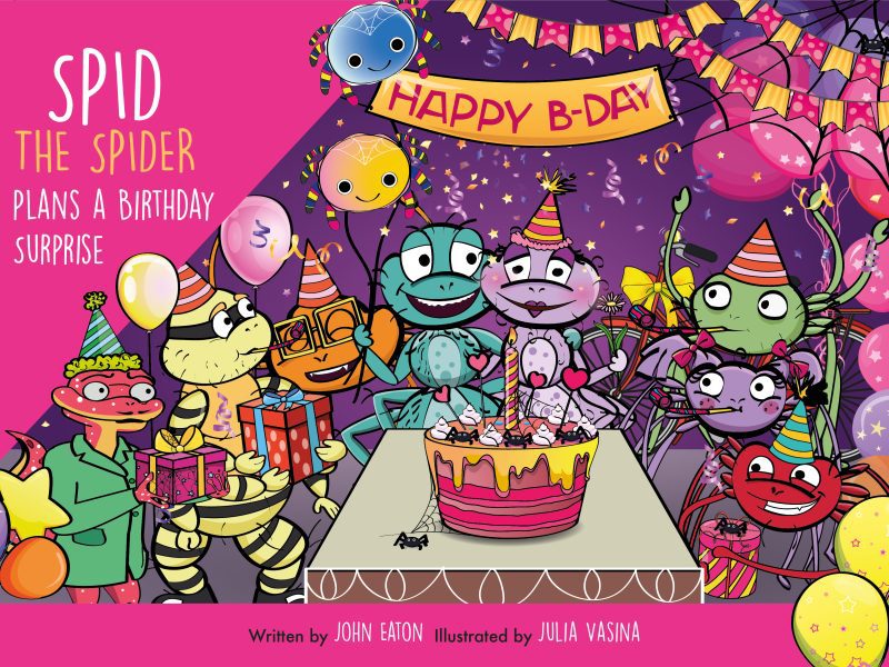 Spid the Spider plans a birthday surprise children's book front cover art